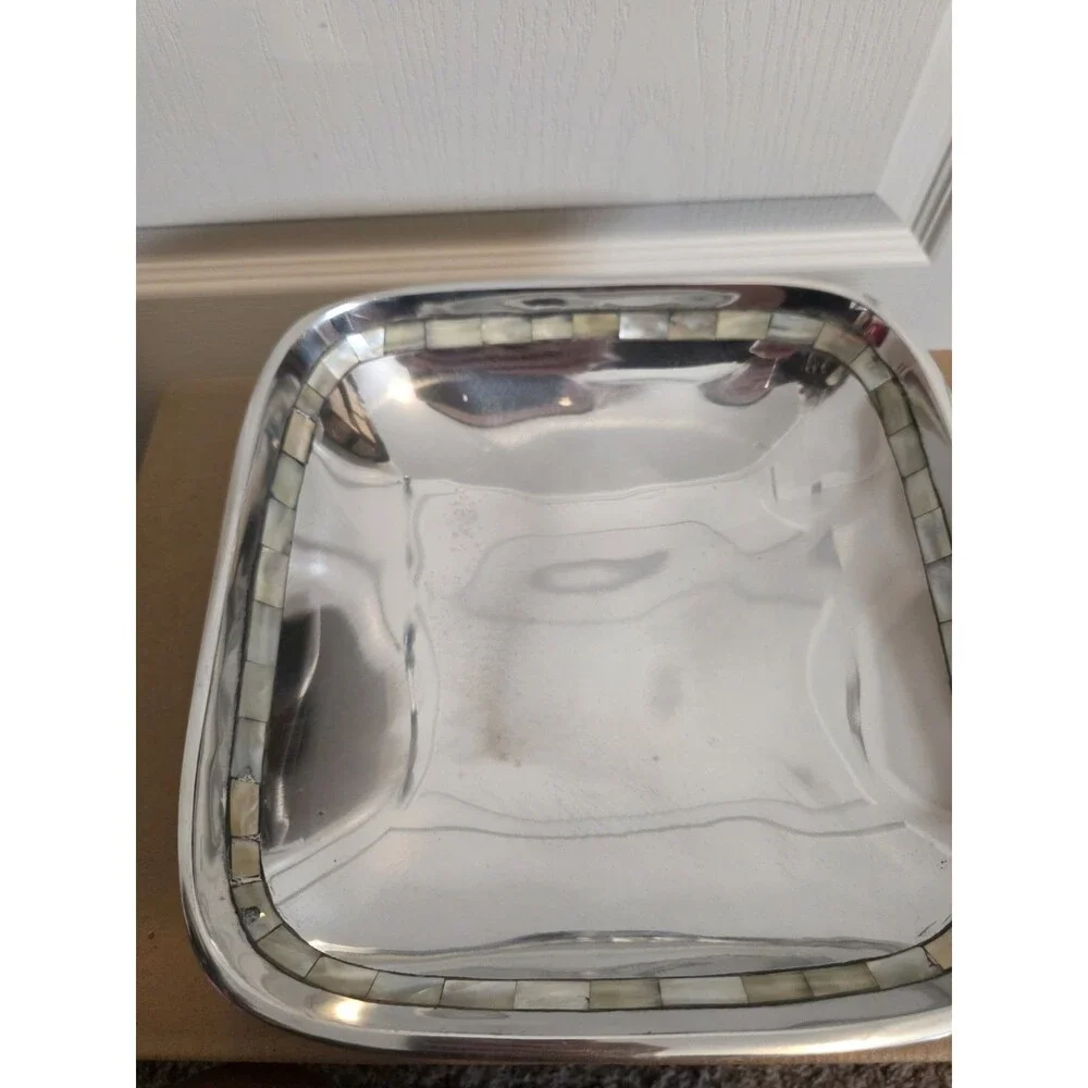 Vintage Towle Silversmiths Square 10” Bowl with Inlaid Mother of Pearl/ India